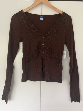Old Navy Brown Ribbed Lace-Trim Button Down Top
